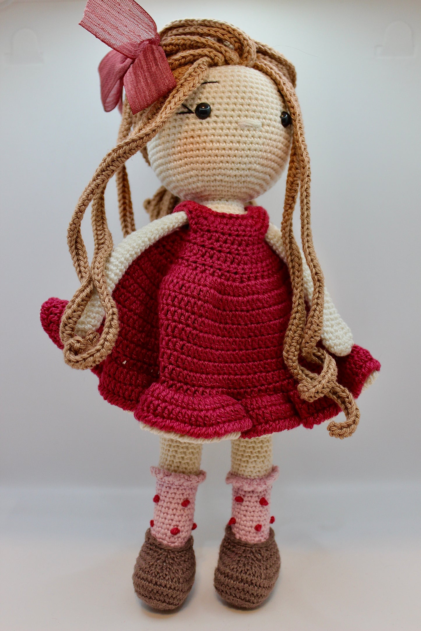 Handmade Doll in Red Dress with Bow 30 cm