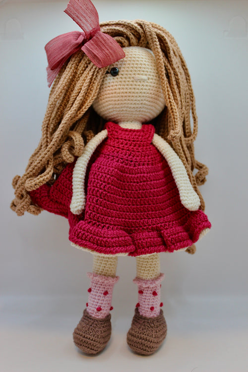 Handmade Doll in Red Dress with Bow 30 cm