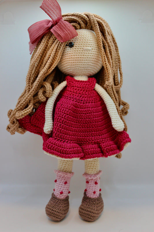 Handmade Doll in Red Dress with Bow 30 cm