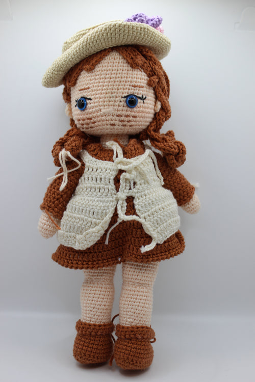 Handmade Doll in Brown Dress &amp; Hat