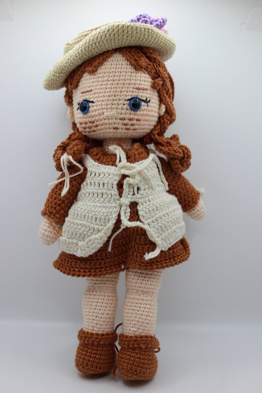 Handmade Doll in Brown Dress &amp; Hat