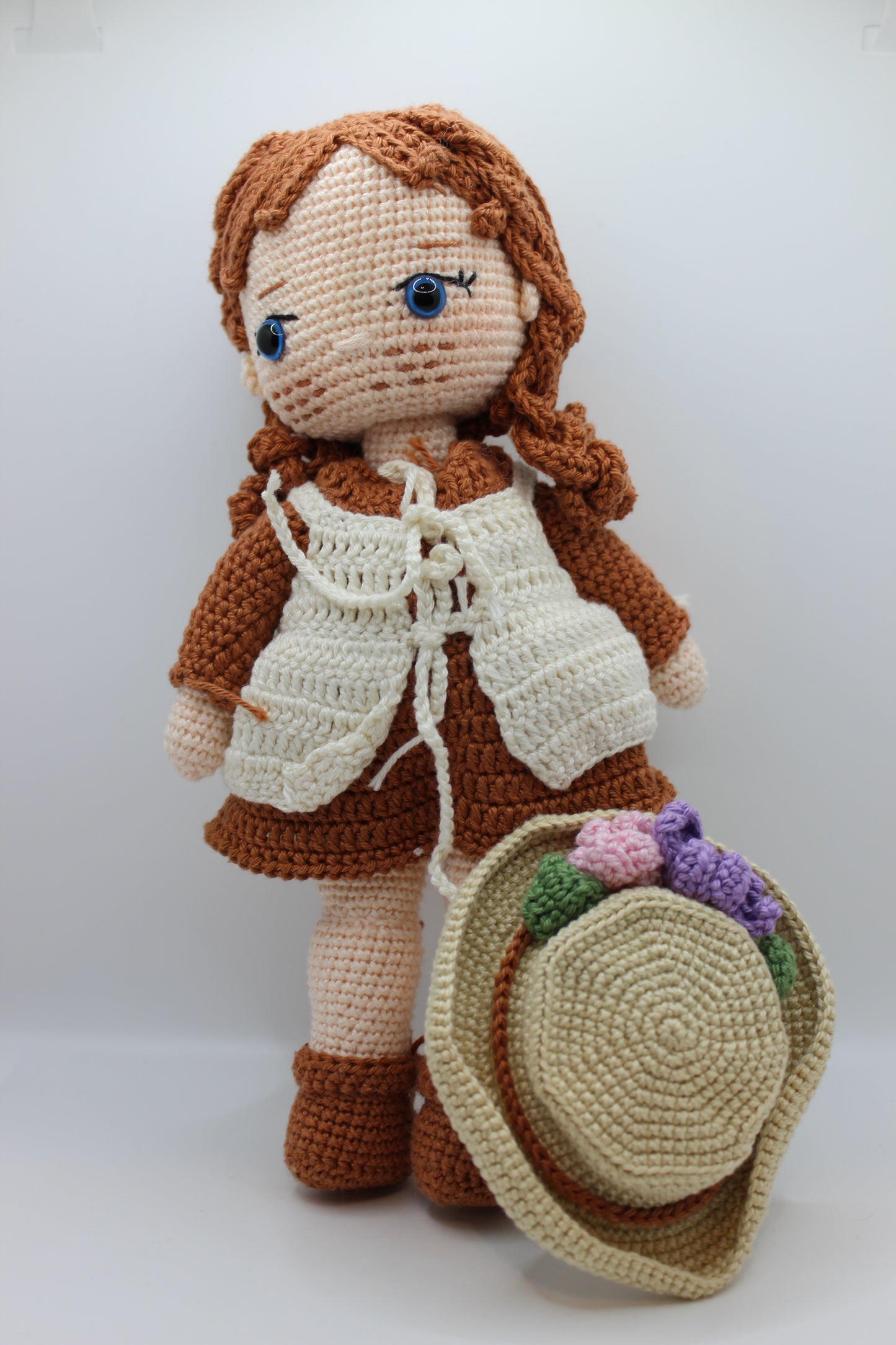 Handmade Doll in Brown Dress &amp; Hat